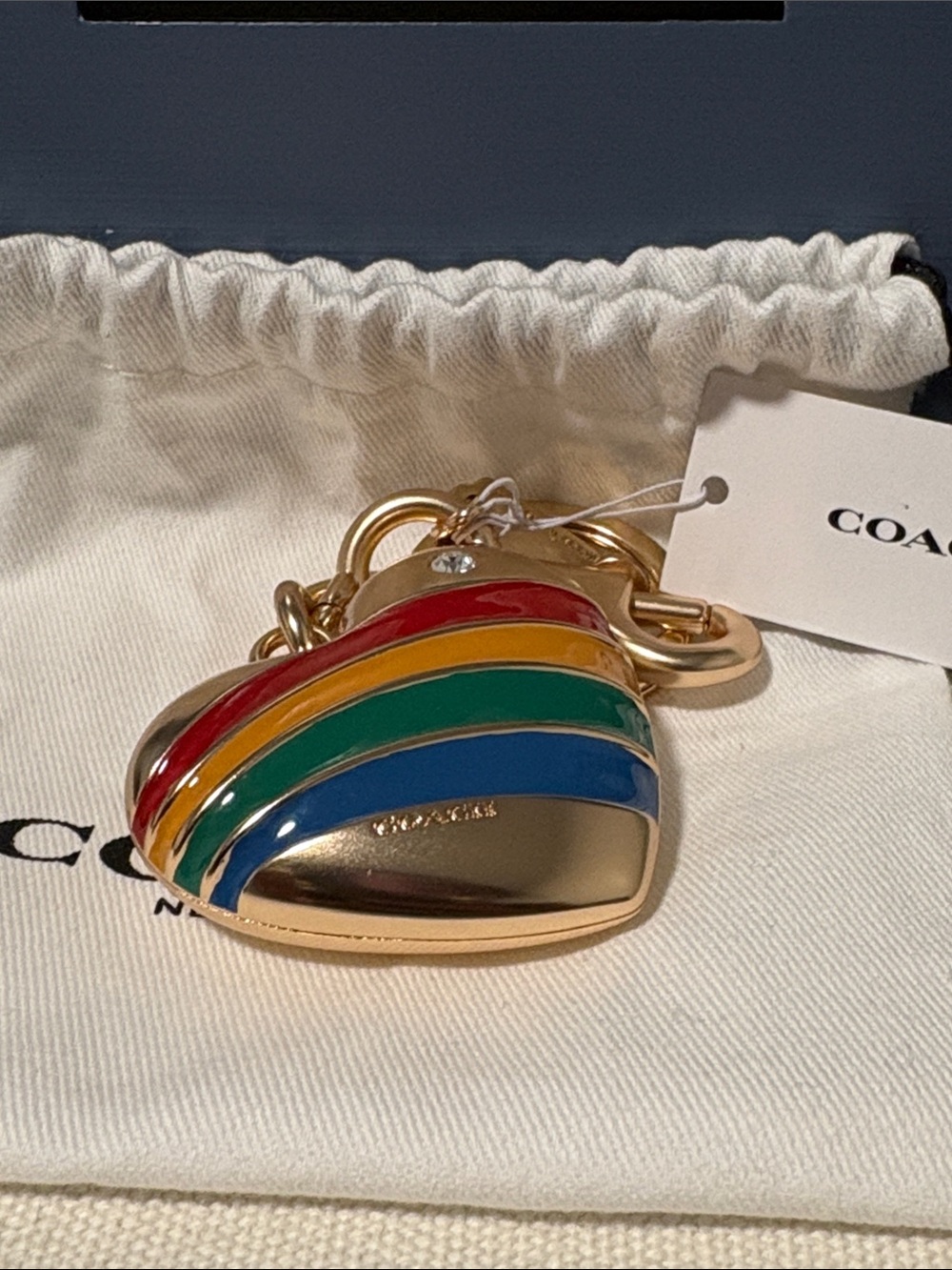 COACH NWT Gold Heart Multicolored Bag Charm Key Chain - Picture 2 of 5